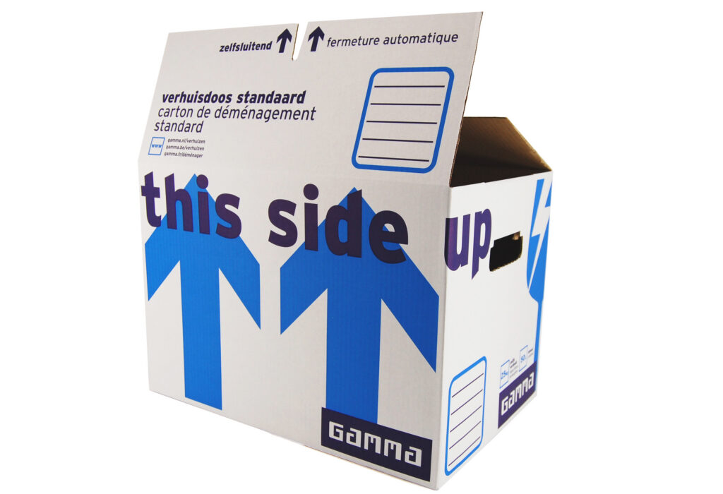 Gamma Verhuisdoos Amerikaanse Vouwdoos Open Flexo 2 Kleuren Bedrukt Kopie