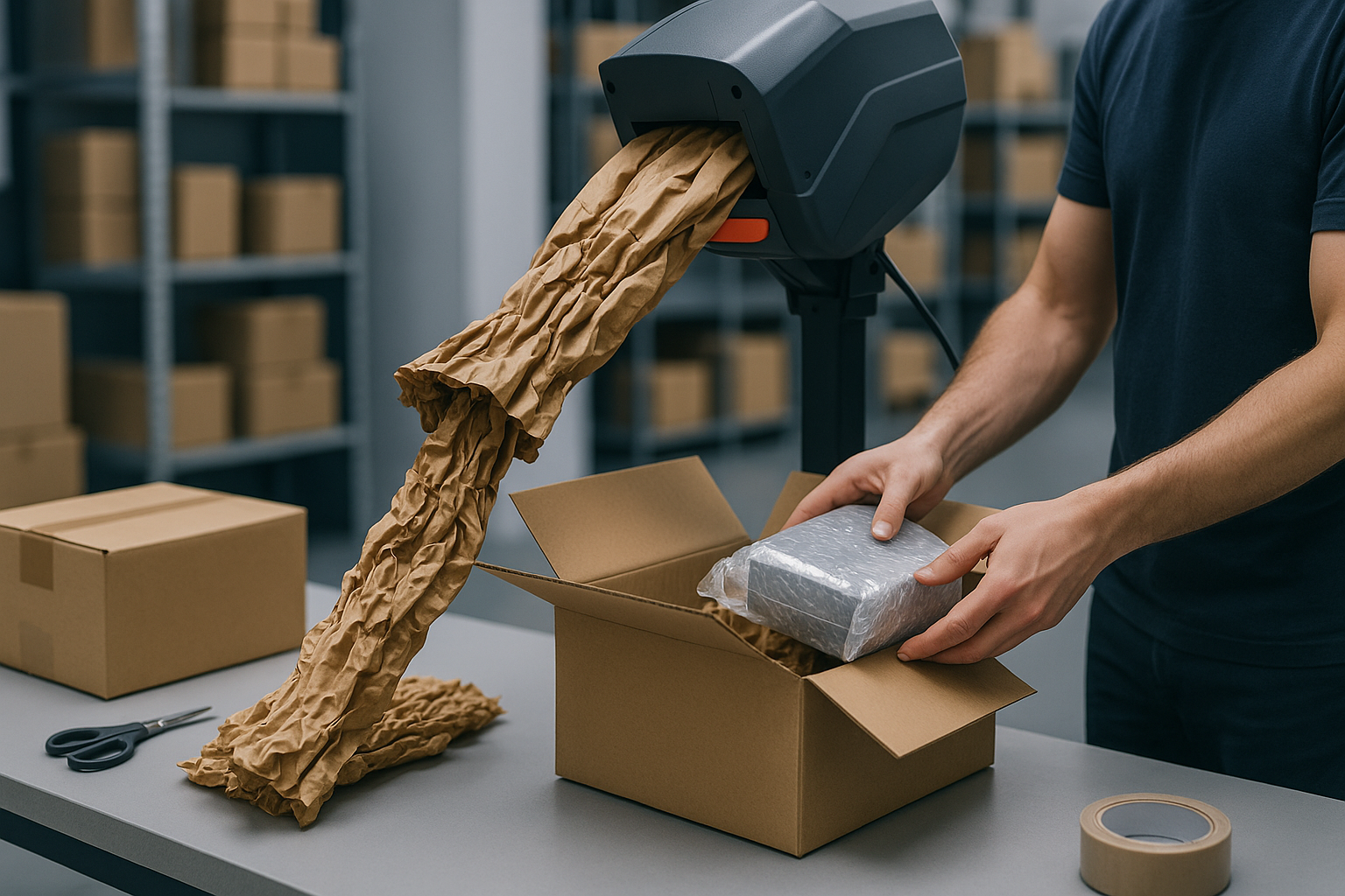 Opvulsysteem dat papieren bescherming doseert in een verzenddoos aan de paktafel