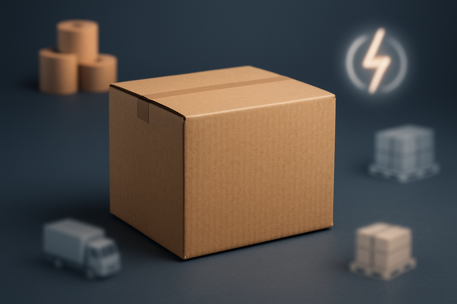 Golfkartonnen doos omringd door symbolische elementen voor kostenfactoren: papierrollen, transport, energie en pallets.