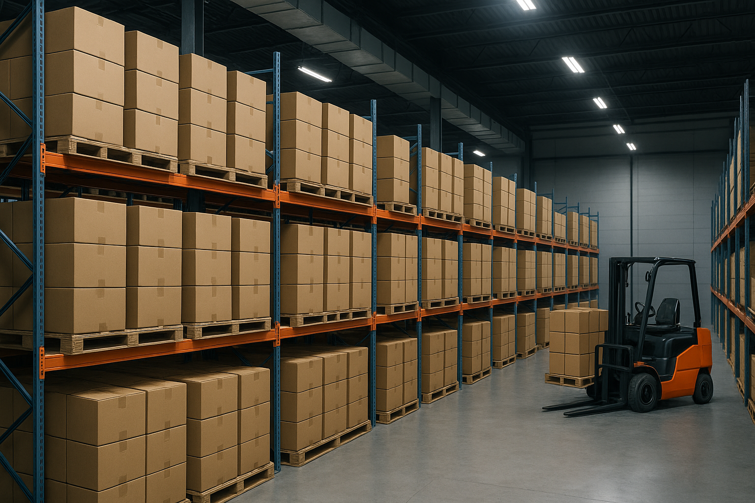 Magazijn met pallets kartonnen dozen als veiligheidsvoorraad