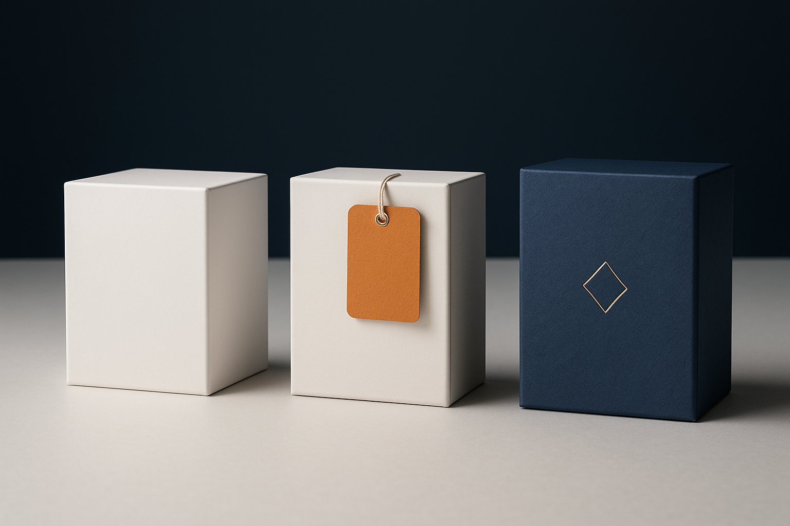Drie fases van een luxe verpakkingssample: wit technisch sample, kleurproef en productierijp sample naast elkaar