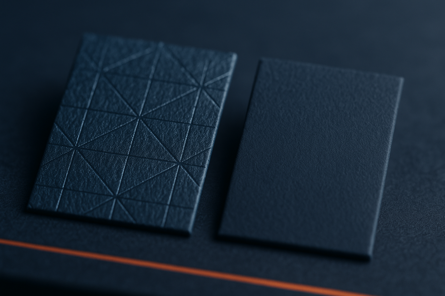 Close-up van twee kleur- en materiaalproeven met foliedruk en soft-touch afwerking