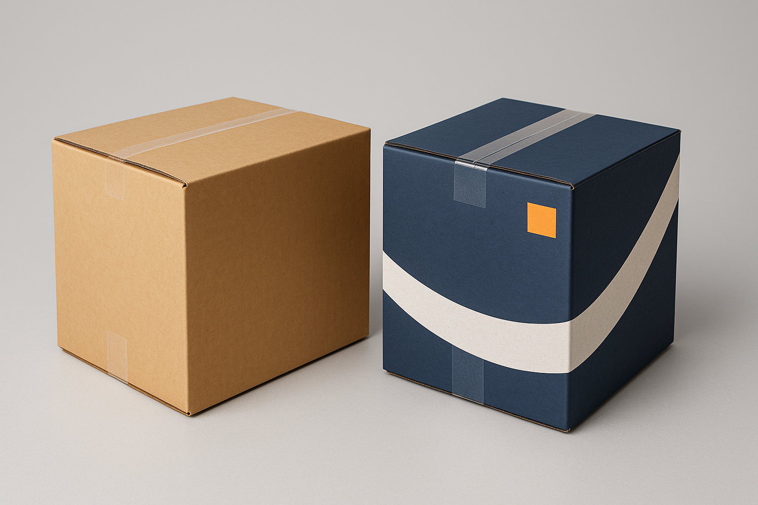 Vergelijking tussen een onbedrukte kraft verzenddoos en een bedrukte verzenddoos met donkerblauw-wit ontwerp en oranje accent, naast elkaar.