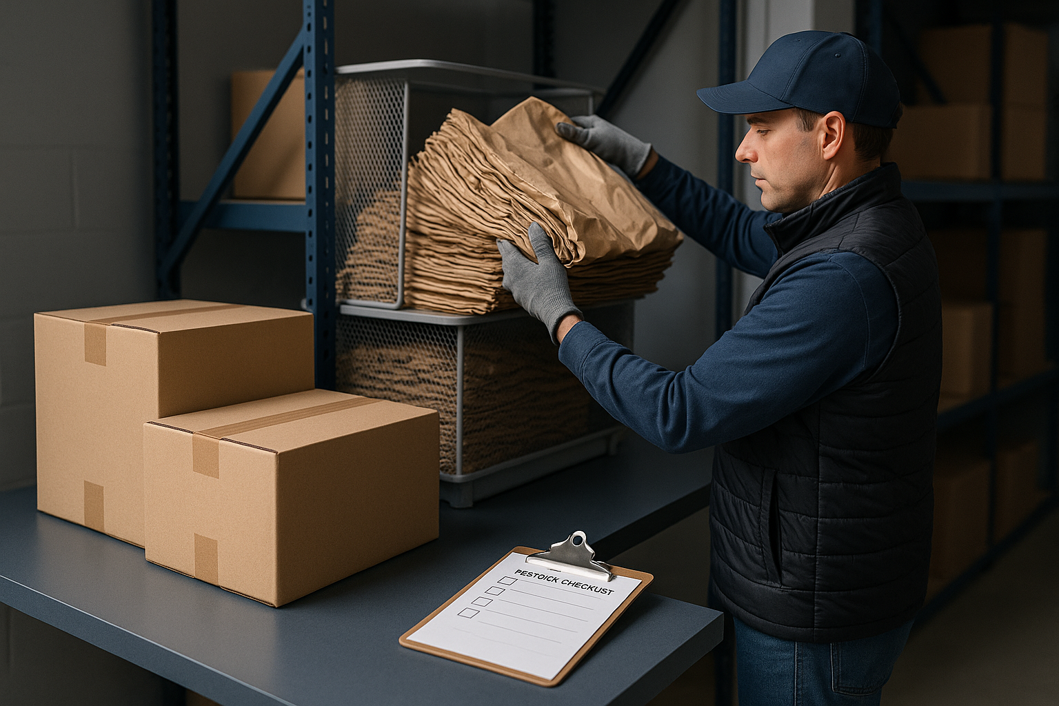 Medewerker vult de opvulmateriaal-voorraad direct naast de paktafel aan