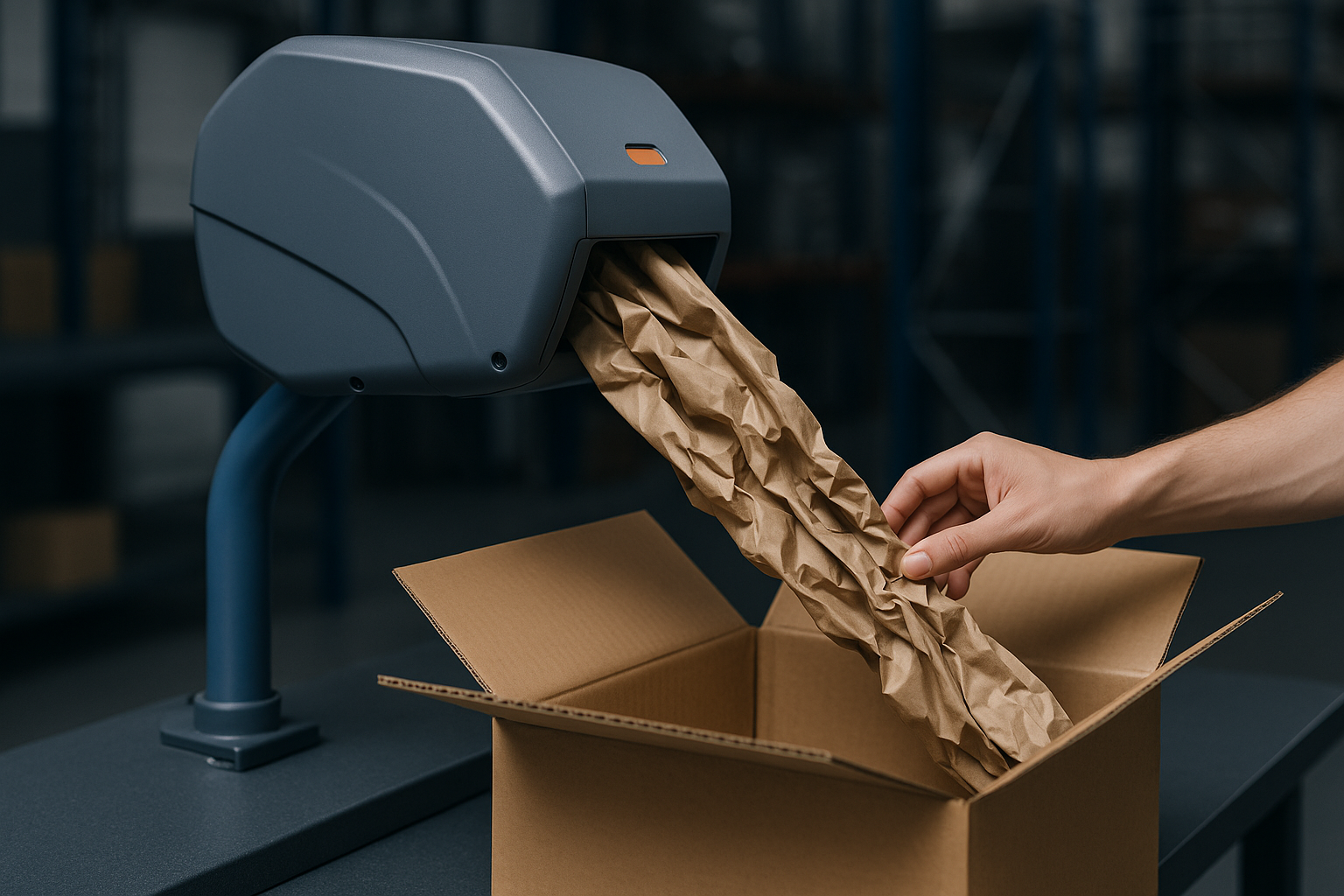Close-up van een opvulmateriaal-dispenser binnen handbereik naast een open verzenddoos aan de paktafel