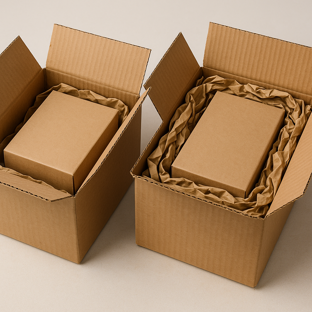 Vergelijking van twee open verzenddozen: links te weinig opvulmateriaal rond het product, rechts voldoende opvulmateriaal rondom het product.