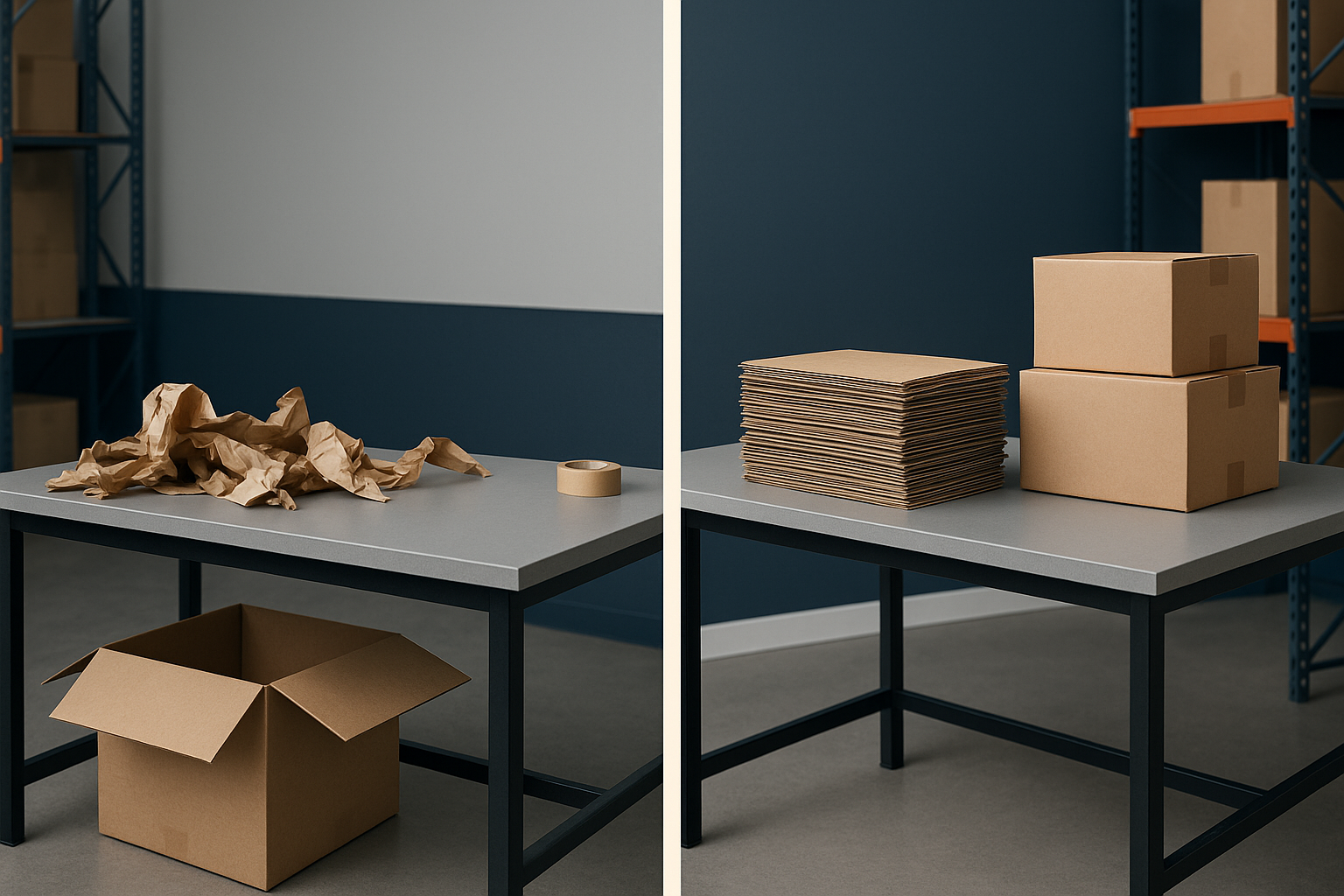 Vergelijking tussen een lege en een goed aangevulde opvulmateriaal-voorraad naast een paktafel