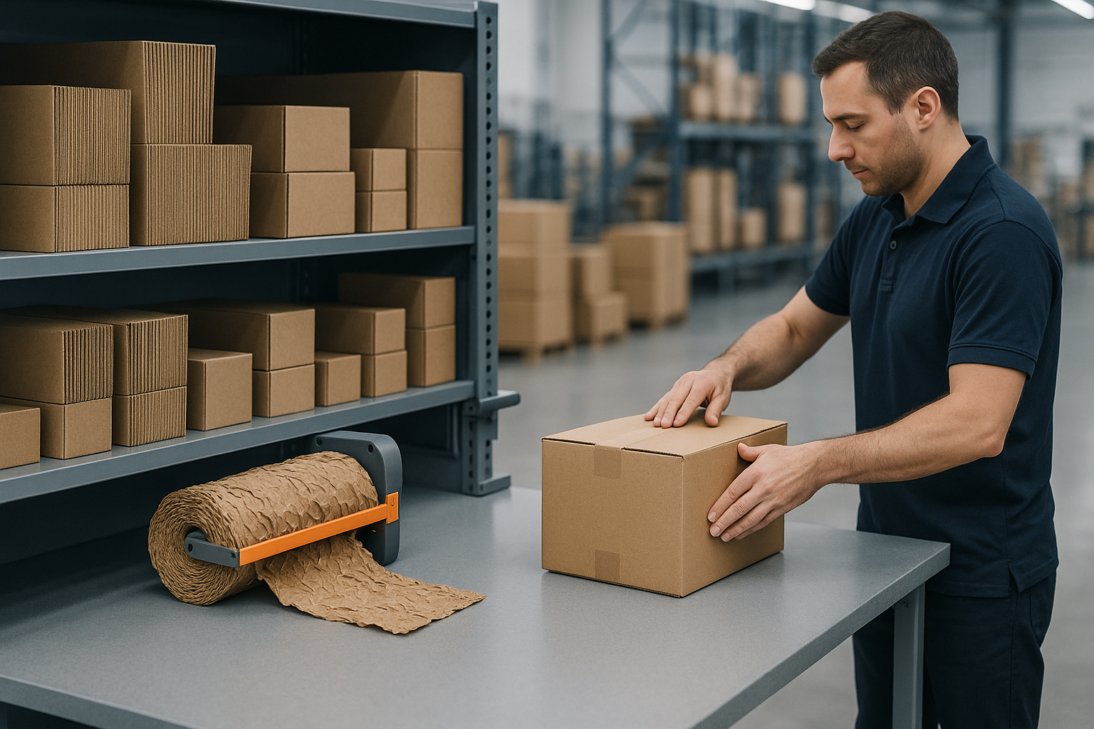 Gestandaardiseerde paktafel met beperkt aantal doosformaten en opvulmateriaal binnen handbereik