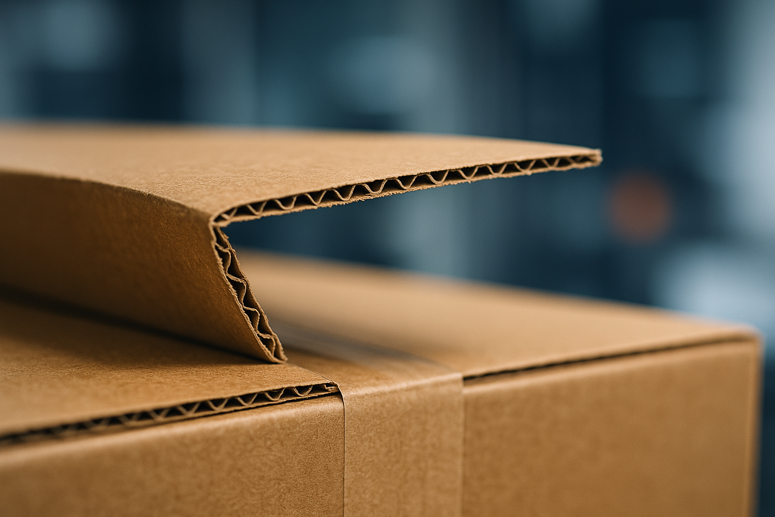 Close-up van de gegolfde middenlaag in de rand van een golfkartonnen doos, boven op een pallet met gesloten dozen klaar voor gebruik