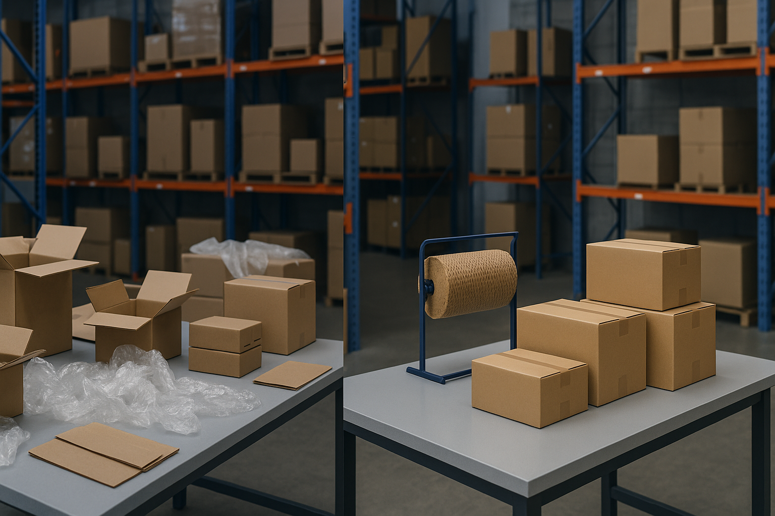 Vergelijking tussen een rommelige paktafel met losse verpakkingsmaterialen en een overzichtelijke, gestandaardiseerde paktafel met gesloten verzenddozen en opvulmateriaal binnen handbereik.