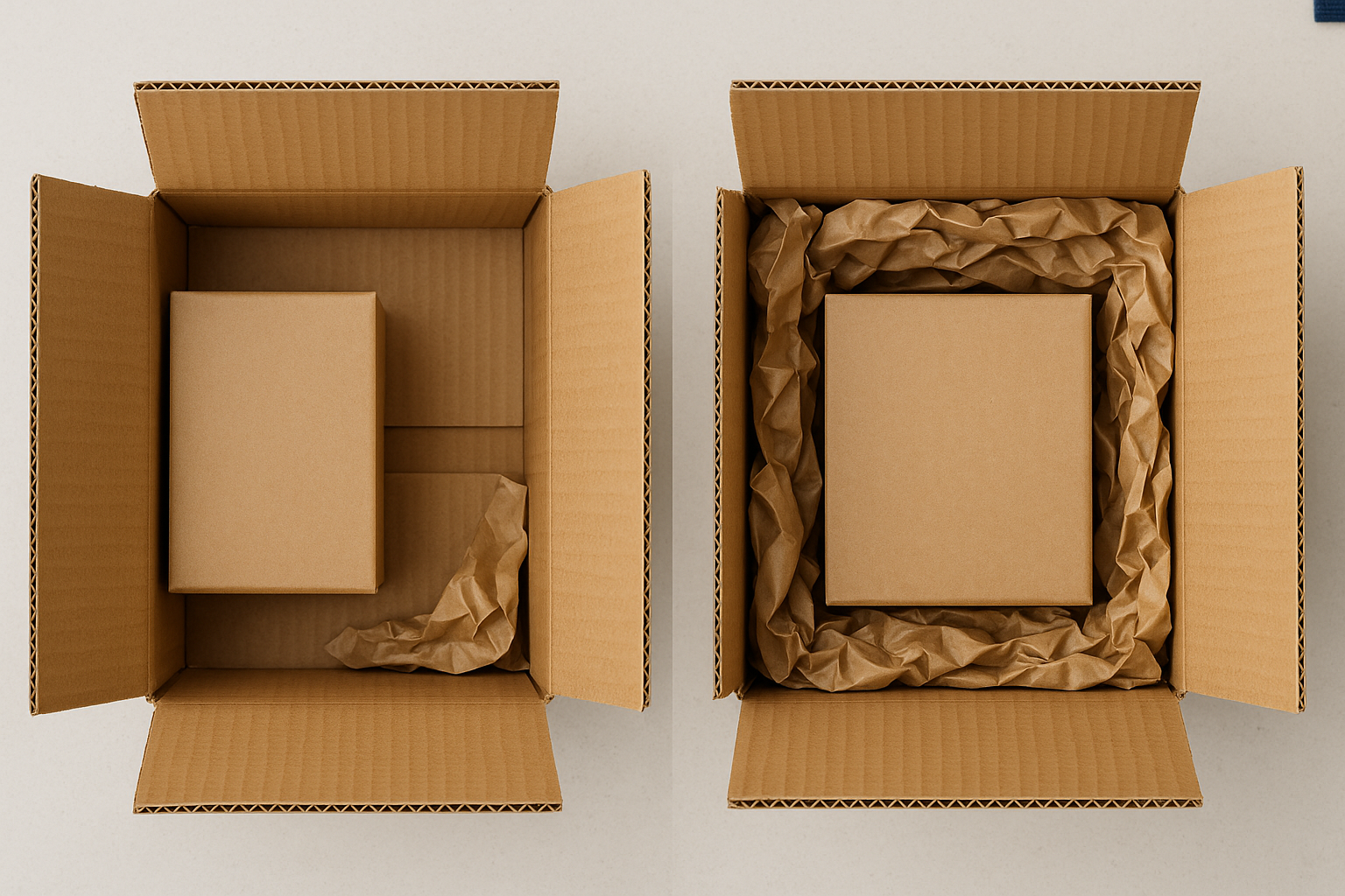 Bovenaanzicht van twee open verzenddozen: links een product tegen de wand van de doos, rechts een gecentreerd product met opvulmateriaal rondom.