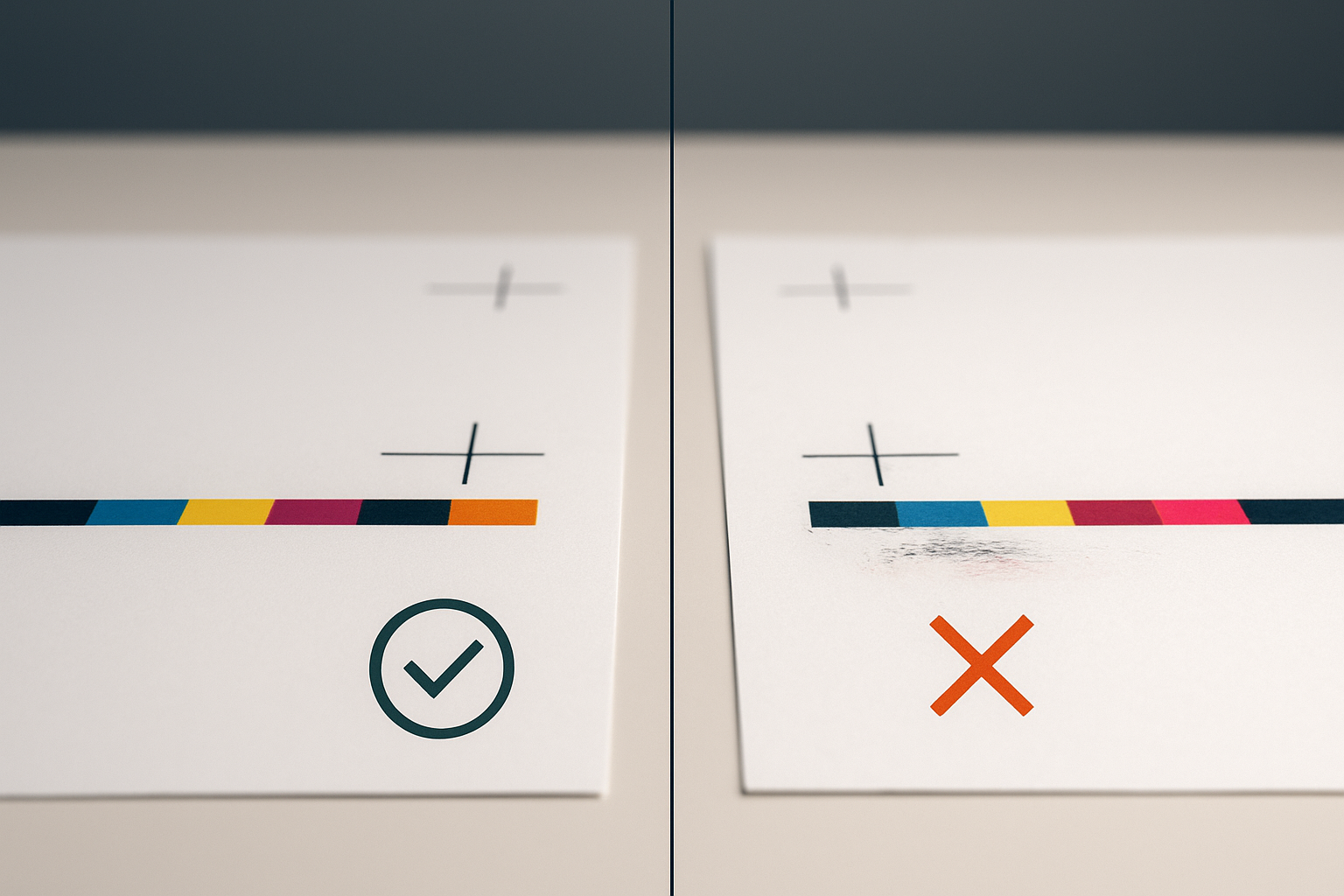 Vergelijking tussen een correct uitgelijnd, productierijp drukbestand en een drukbestand met afwijkingen die nog gecorrigeerd moeten worden.