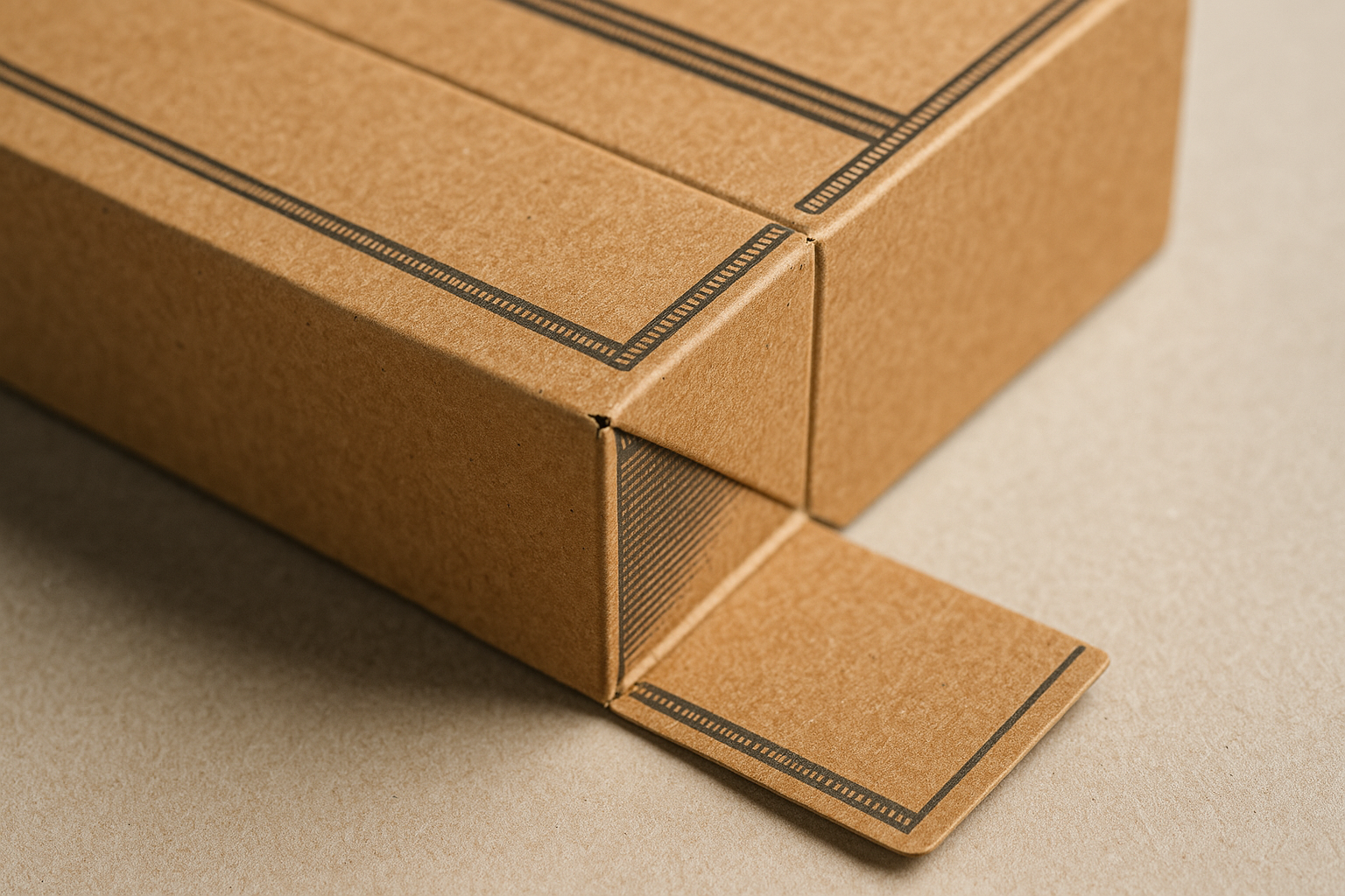Close-up van een technisch sample van een retailverpakking op kraftkarton met versterkte rillijnen en bedrukking, klaar voor beoordeling.