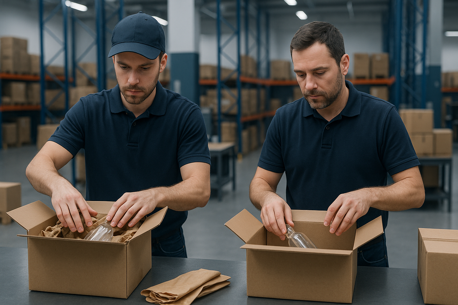 Twee medewerkers die dezelfde producten op verschillende manieren inpakken aan de paktafel