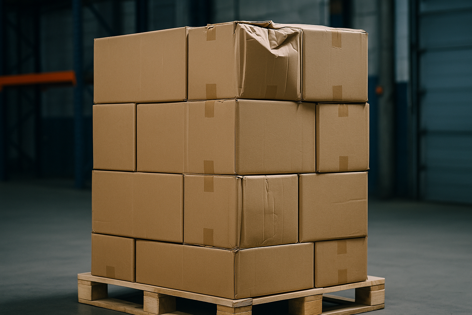 Gestapelde kartonnen dozen op een pallet met zichtbare hoekschade door stapeling