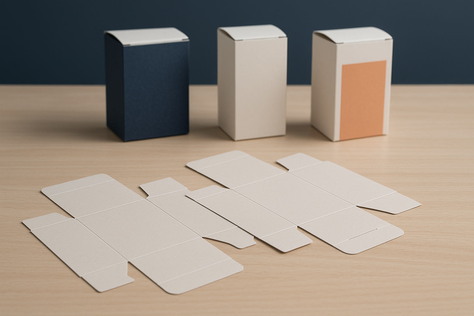 Platte, ongedrukte vouwkarton-stansvellen op een werktafel, met op de achtergrond drie gevouwen verpakkingsvarianten van dezelfde constructie in verschillende kleuren.
