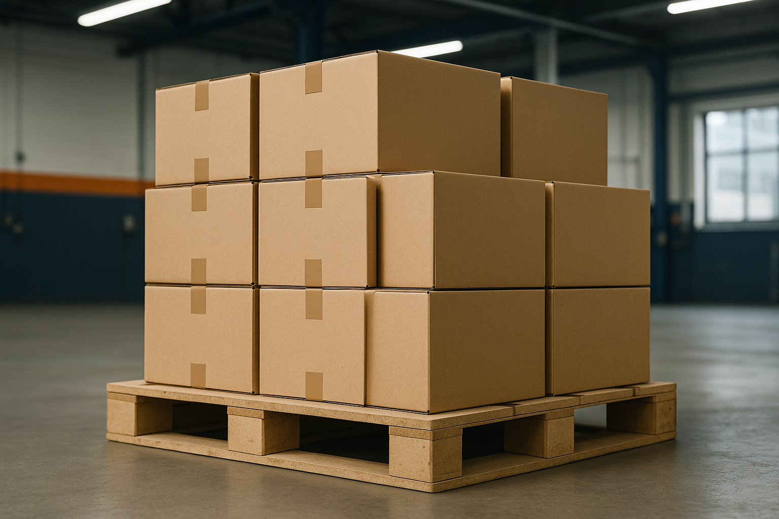 Close-up van gestapelde bruine golfkartonnen dozen op een pallet in een productiehal, klaar voor levering.