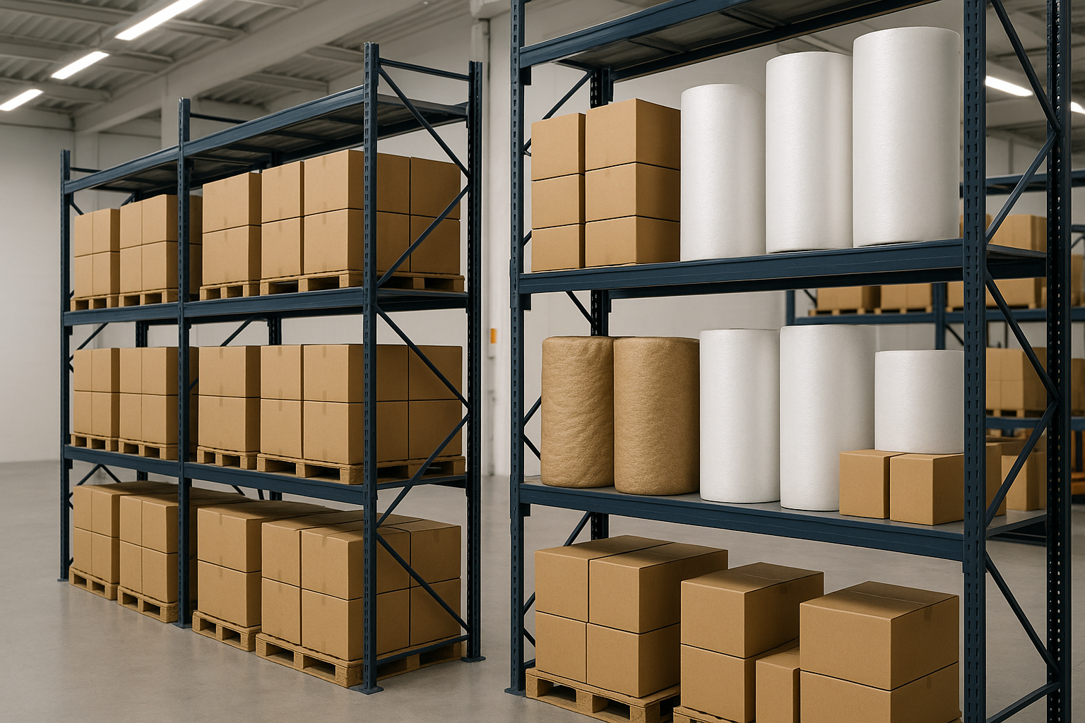 Overzicht van een magazijnstelling met voorraad kartonnen verzenddozen en rollen opvulmateriaal, geordend per type