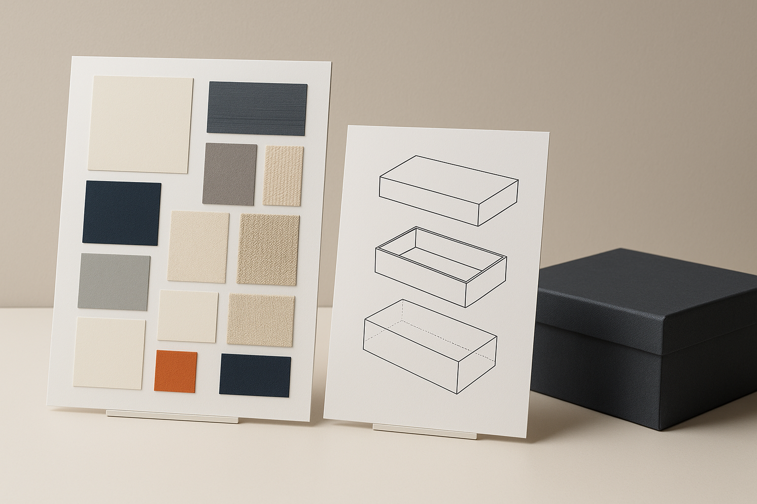 Een moodboard met materiaalstalen naast een technische tekening van een luxe verpakking