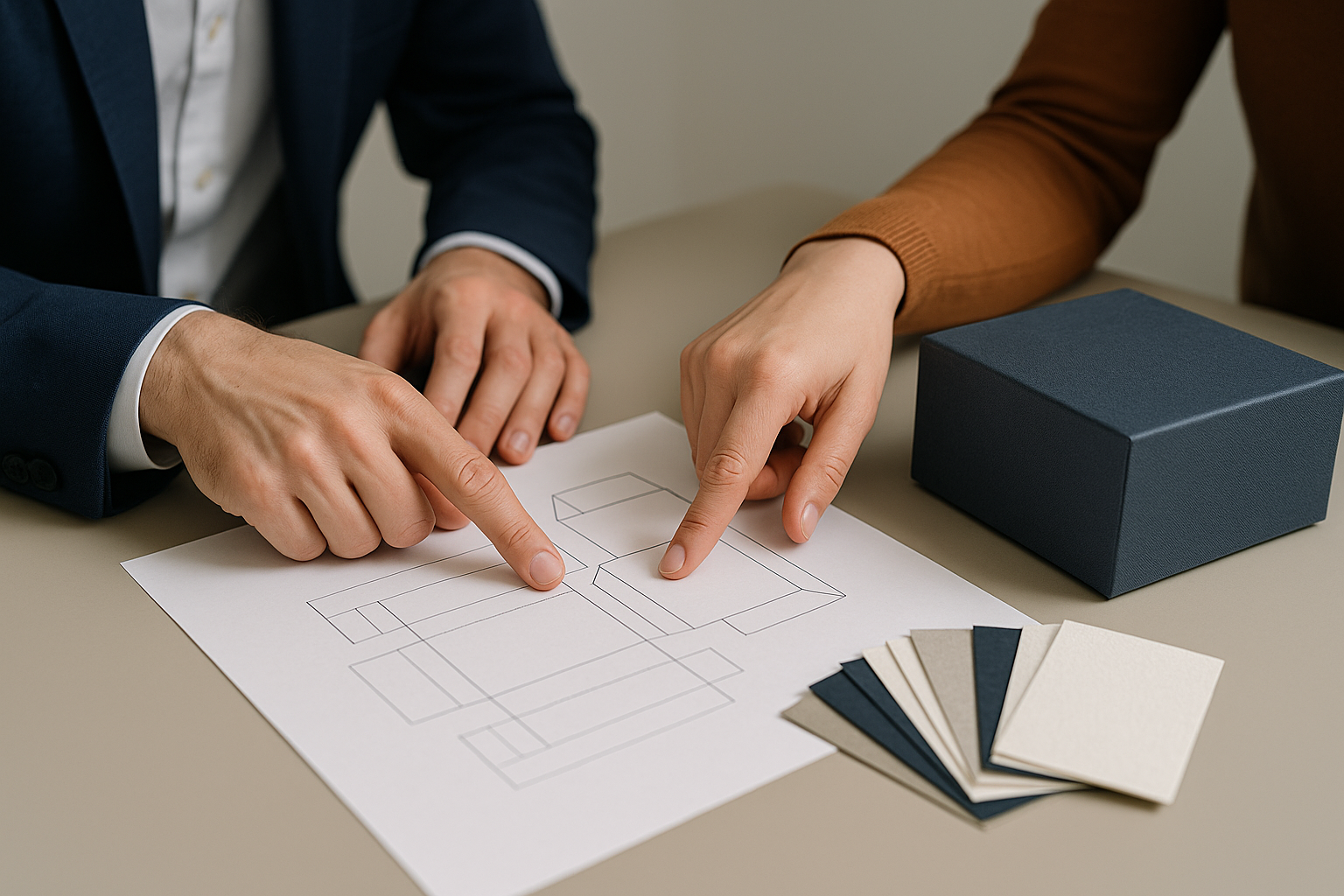 Twee mensen bespreken een technische tekening van een luxe verpakking met materiaalstalen erbij