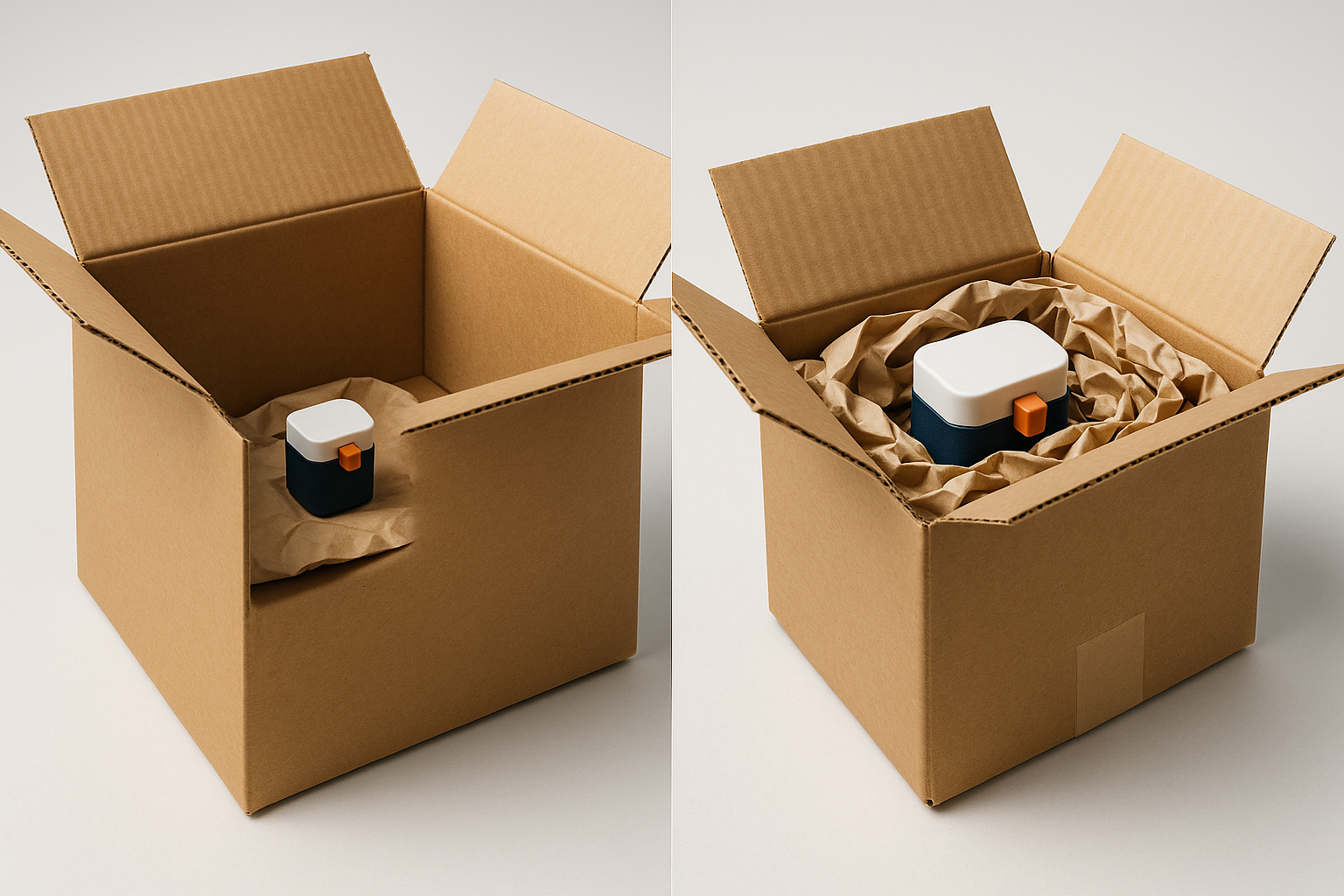 Vergelijking tussen een te grote verzenddoos met veel lege ruimte en een goed passende doos met opvulmateriaal rondom het product.