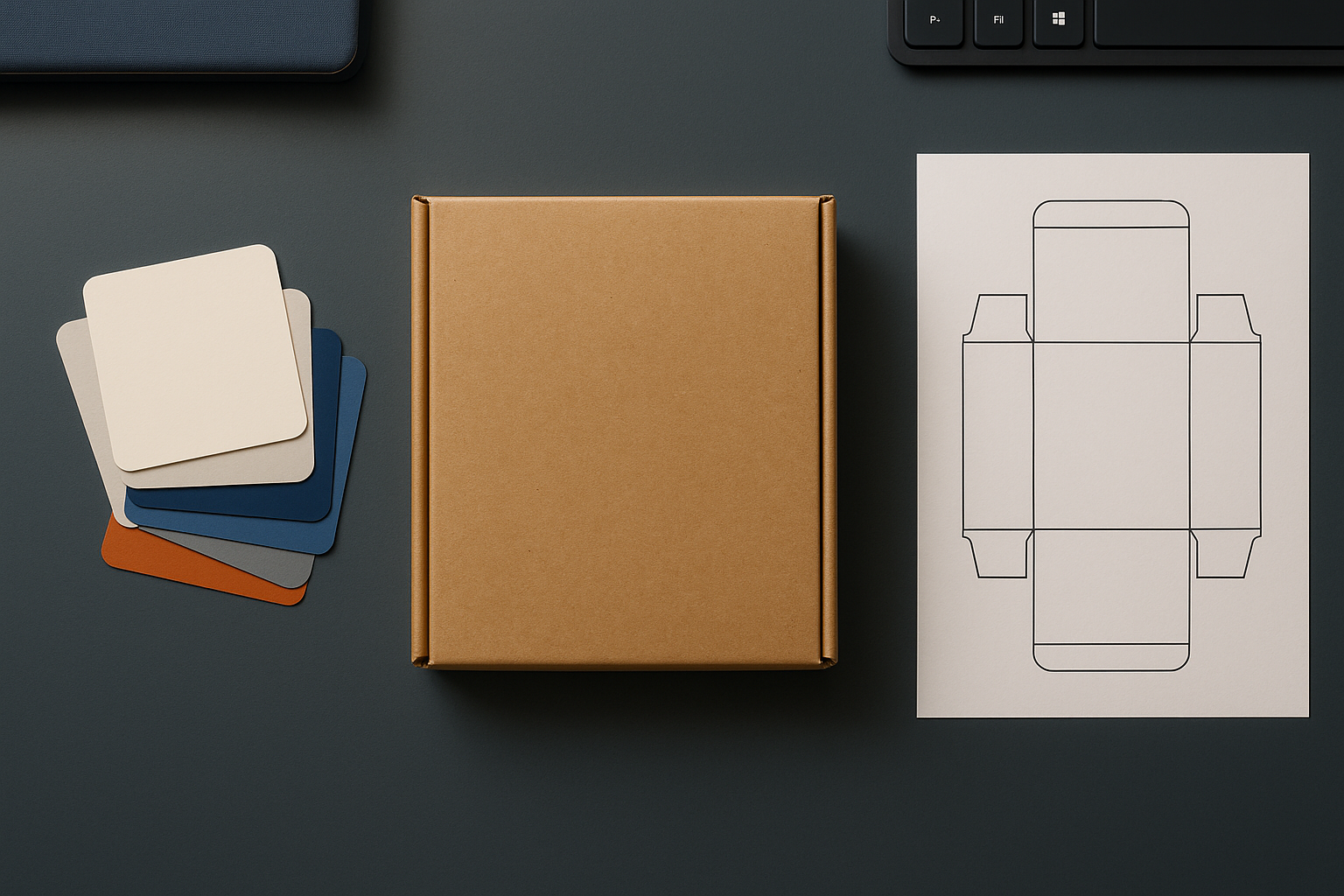 Kleurstalen, een verpakking en een technische tekening los van elkaar op een bureau