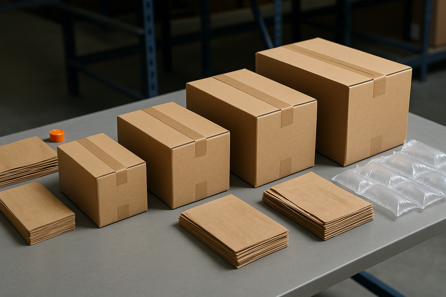 Verschillende doosformaten met stapels papieren opvulmateriaal en luchtkussens klaargezet voor een nieuw fulfilmentcontract