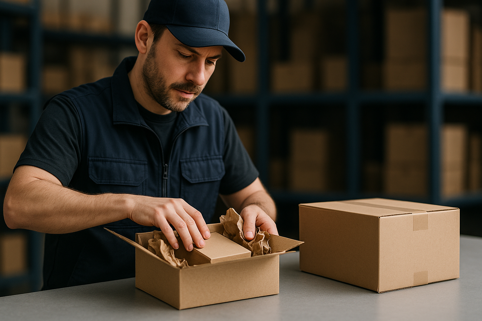 Medewerker test een proefzending met opvulmateriaal aan de paktafel voordat een nieuw fulfilmentcontract live gaat