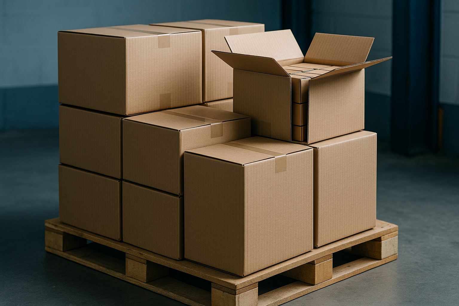 Gestapelde golfkartonnen transportdozen op een pallet, klaar voor verzending, met één doos open