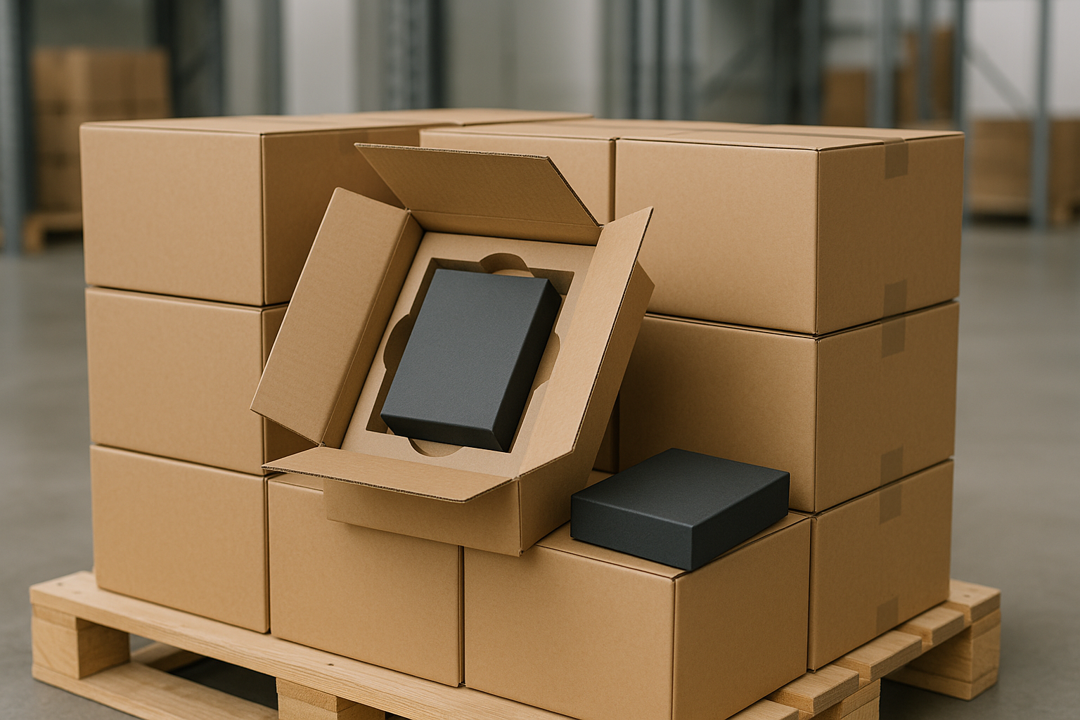 Luxe geschenkdozen met beschermende buitenverpakking en kartonnen inlay, netjes gestapeld op een pallet in een magazijn