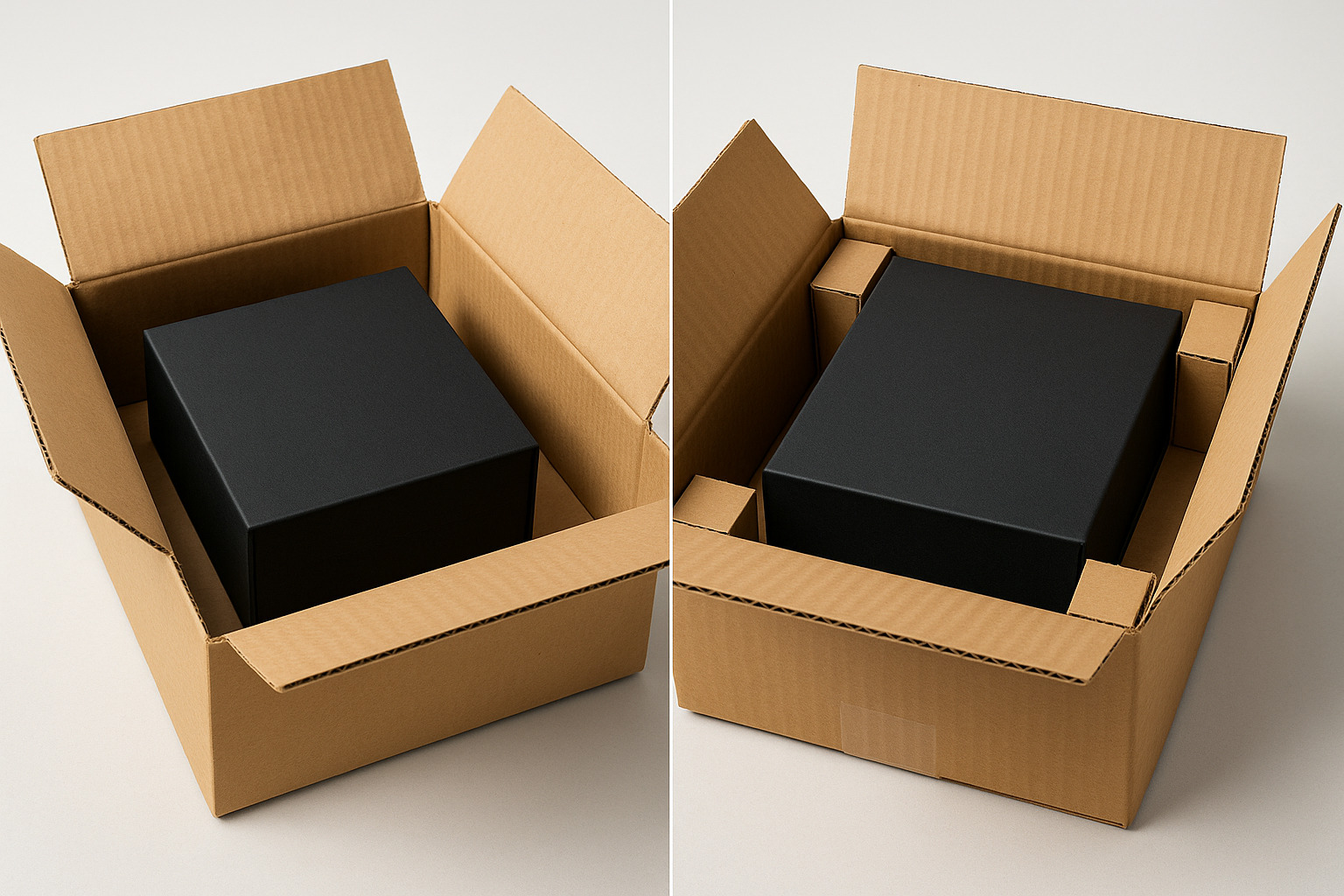 Vergelijking tussen een luxe geschenkdoos los in een te grote verzenddoos en dezelfde doos met een passende buitenverpakking en inlay
