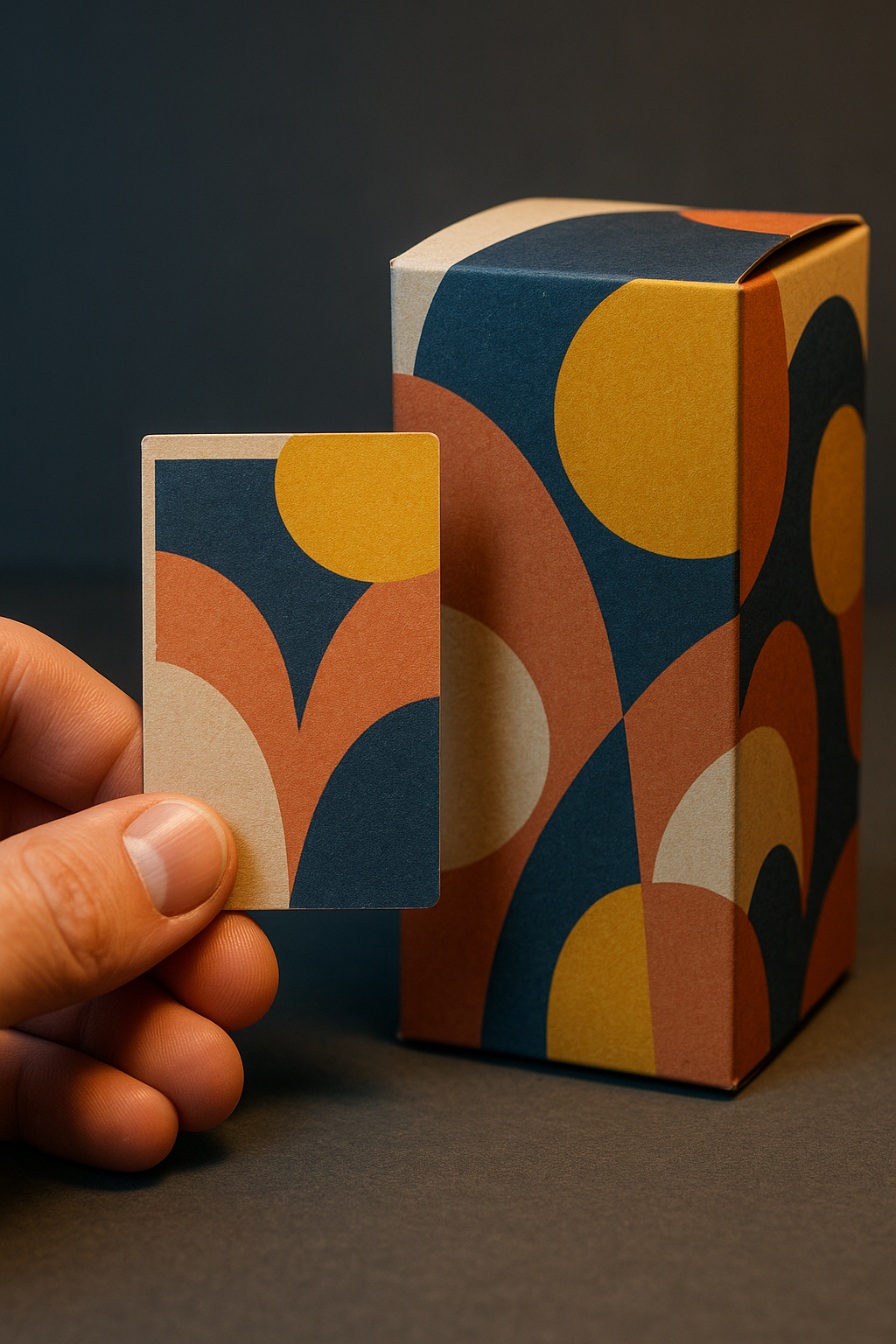 Close-up van een hand die een kleurproef van een nieuwe verpakkingsbedrukking naast het oorspronkelijke ontwerp legt ter controle.