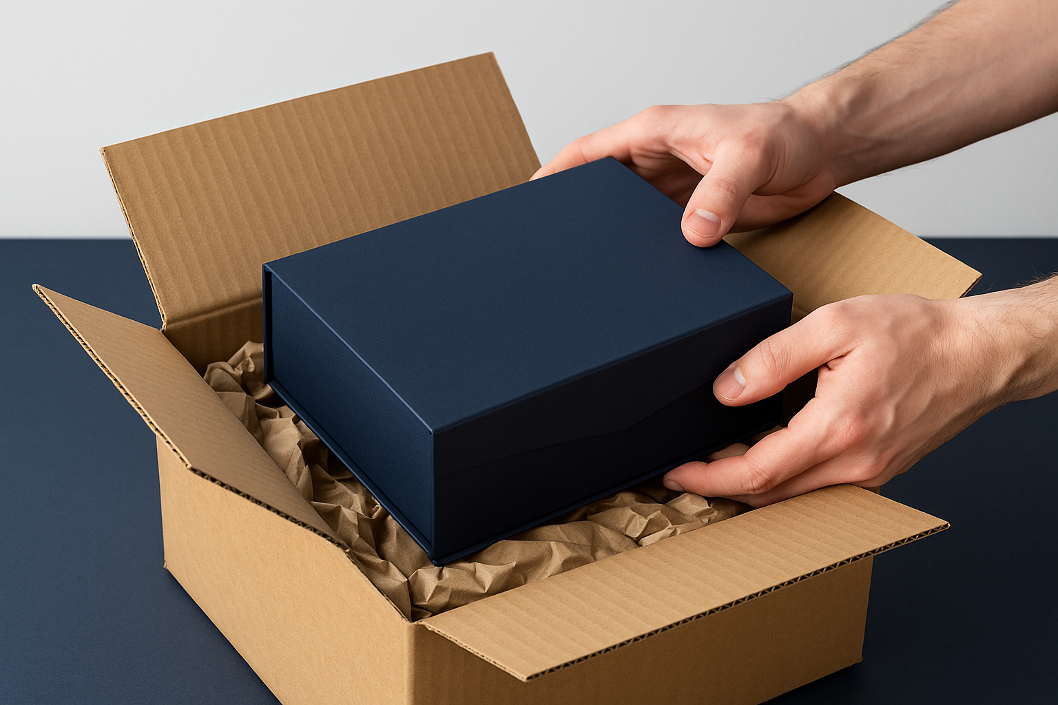 Een luxe geschenkdoos wordt in een stevige neutrale transportdoos geplaatst