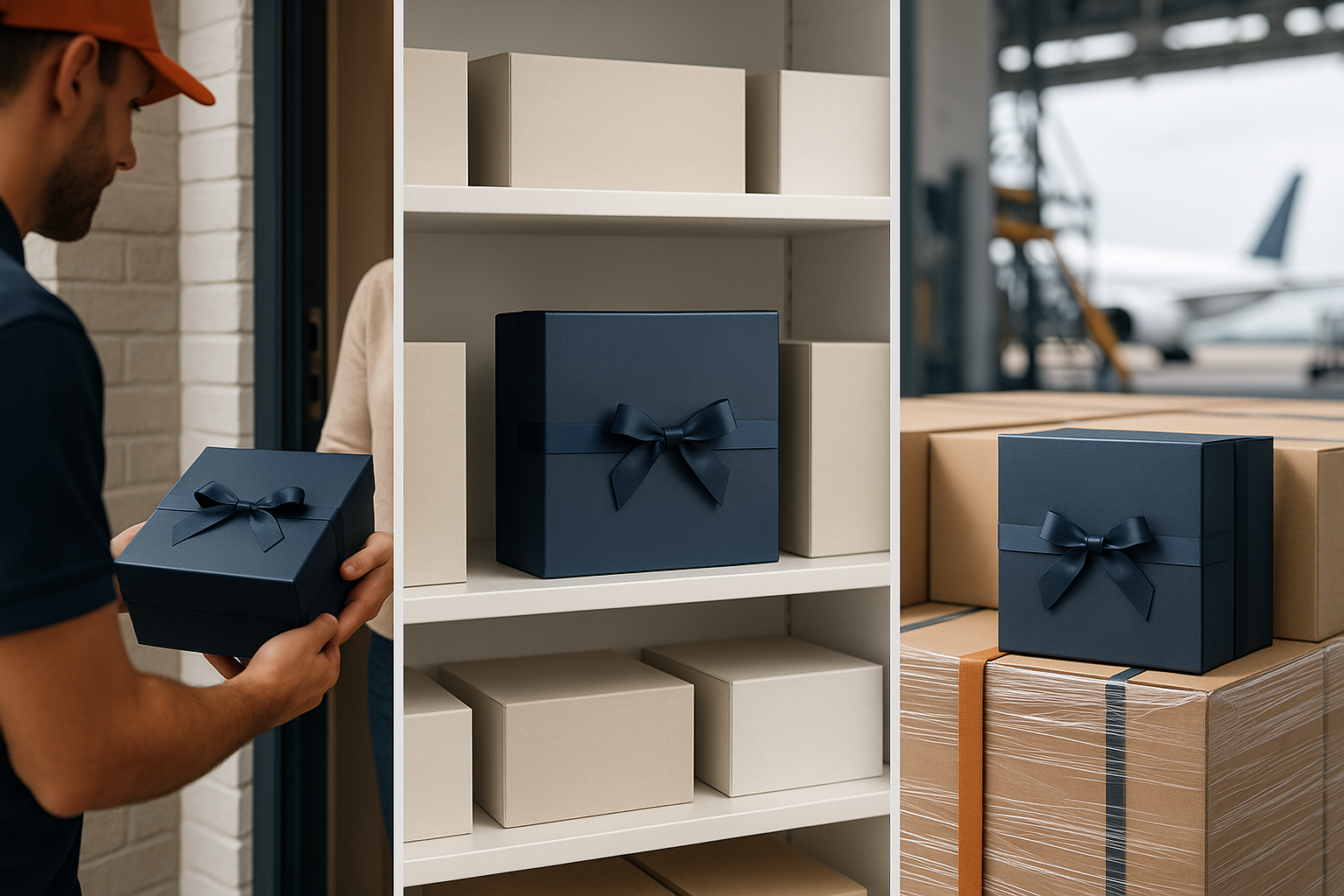 Dezelfde luxe geschenkdoos in drie situaties: bezorging aan huis, op een winkelschap en tussen internationale vrachtpallets
