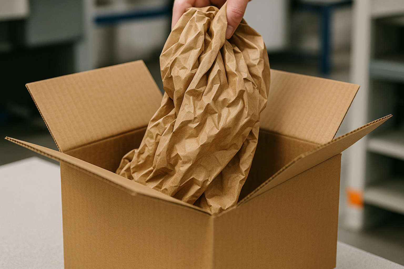 Opvulmateriaal van papier wordt in een geopende verzenddoos geplaatst aan de paktafel
