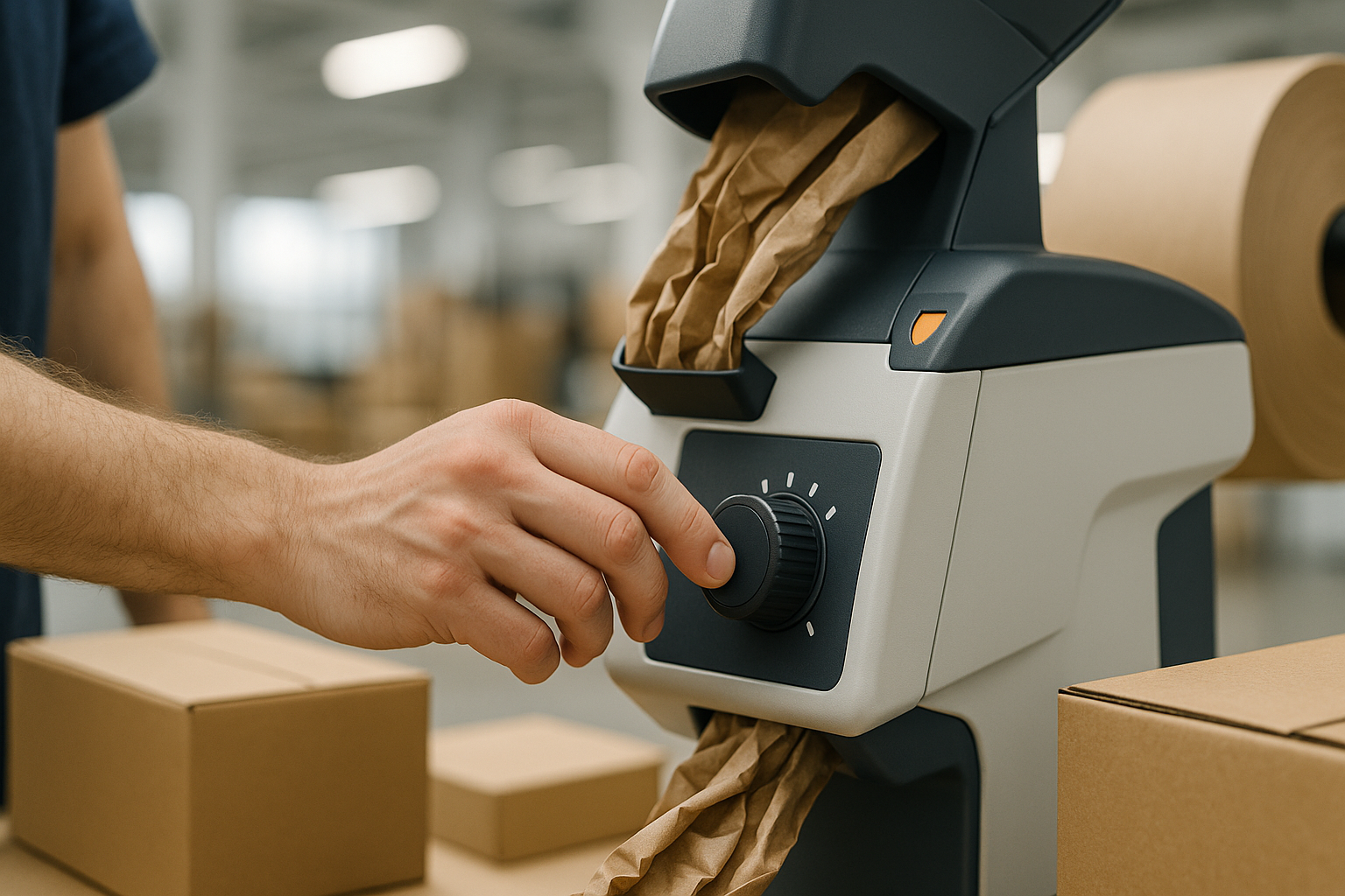 Een medewerker stelt een automatisch opvulmateriaal-doseersysteem in aan de paktafel