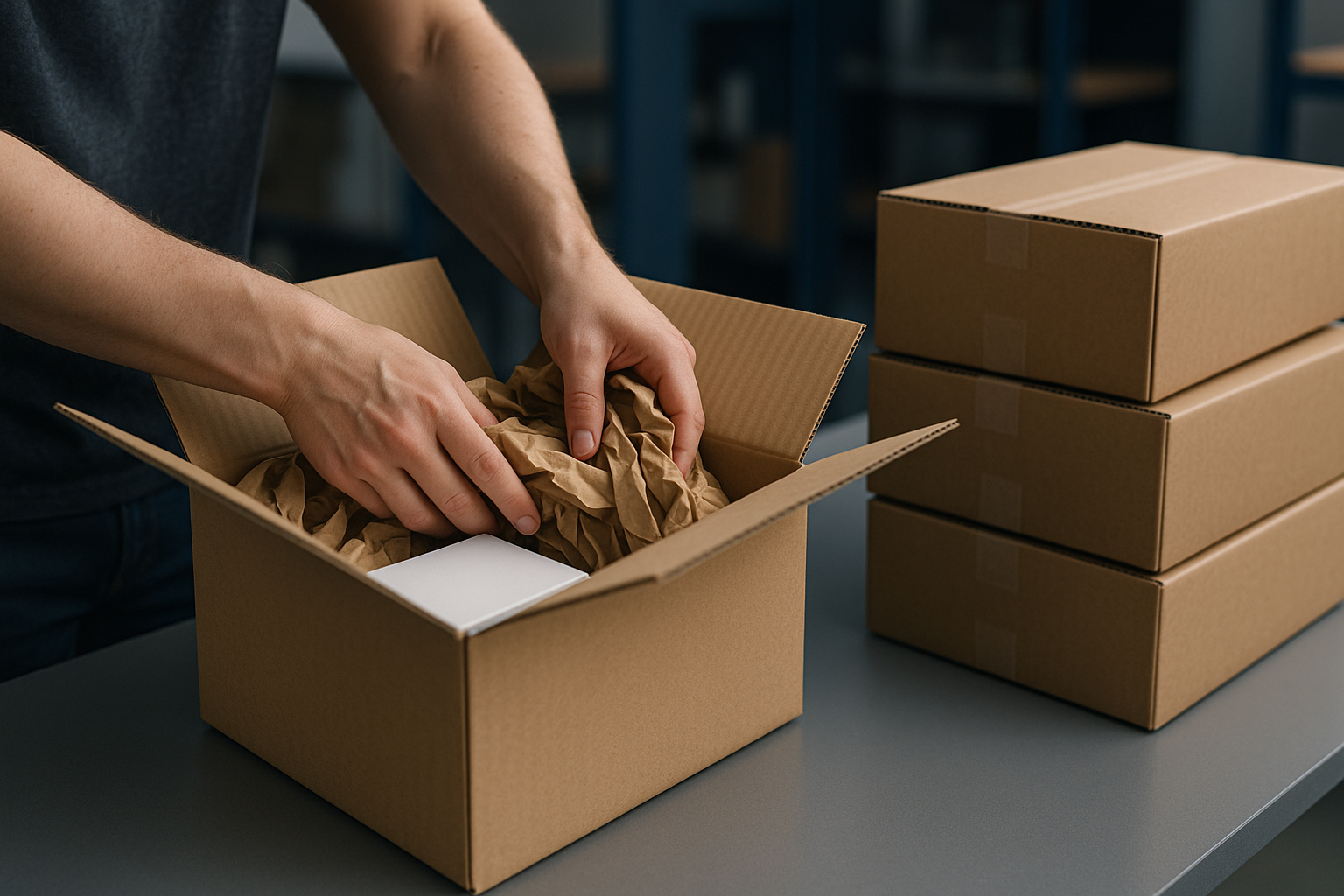Medewerker plaatst papieren opvulmateriaal in een verzenddoos aan de paktafel, met gesloten dozen op de achtergrond.