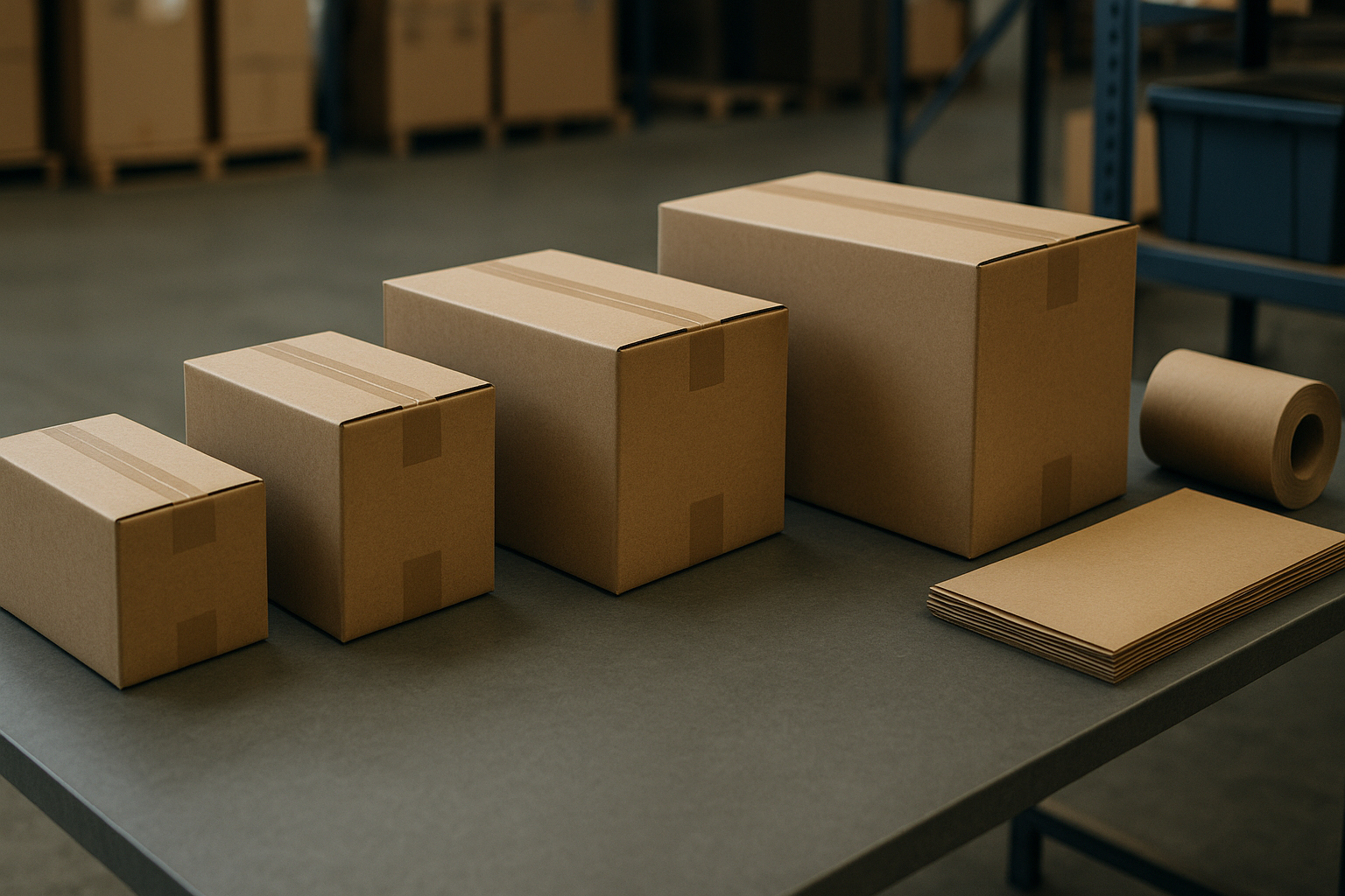 Verschillende formaten gesloten verzenddozen naast opvulmateriaal op een paktafel, als voorbeeld van een gevarieerde ordermix