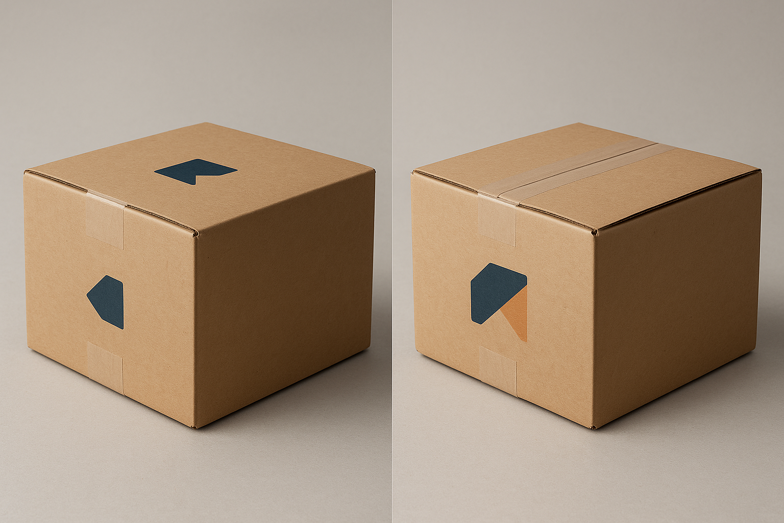 Twee verzenddozen naast elkaar: een met de oude bedrukking en een met de nieuwe huisstijl na een rebranding