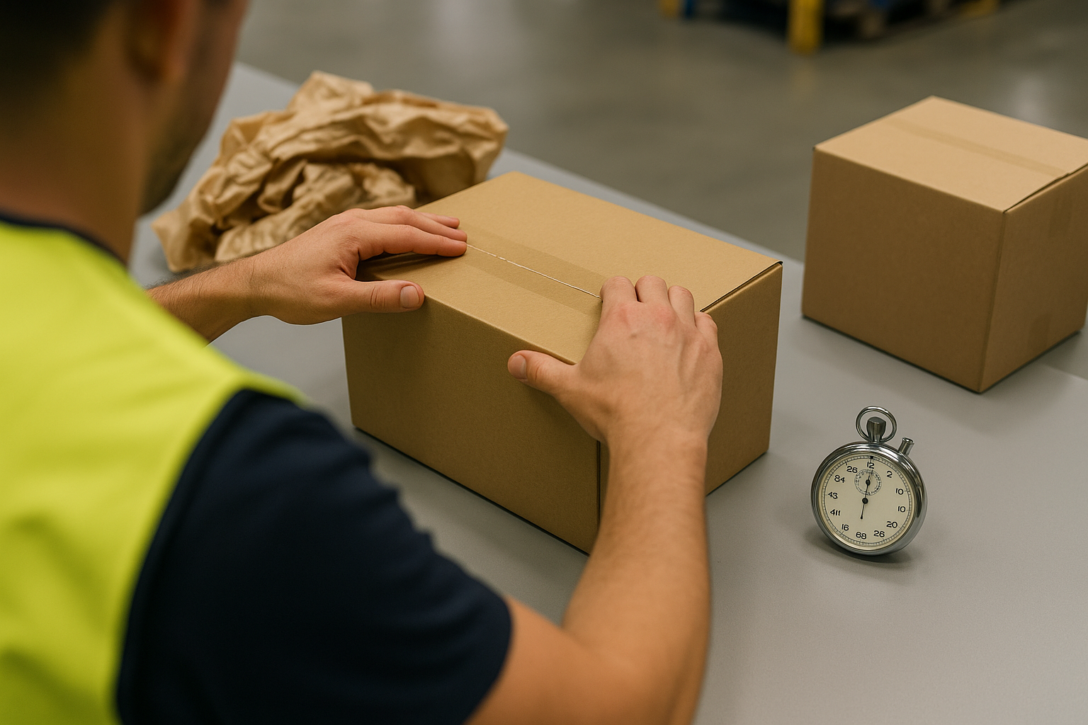 Medewerker test met een stopwatch hoe lang het inpakken van een verzenddoos aan de paktafel duurt