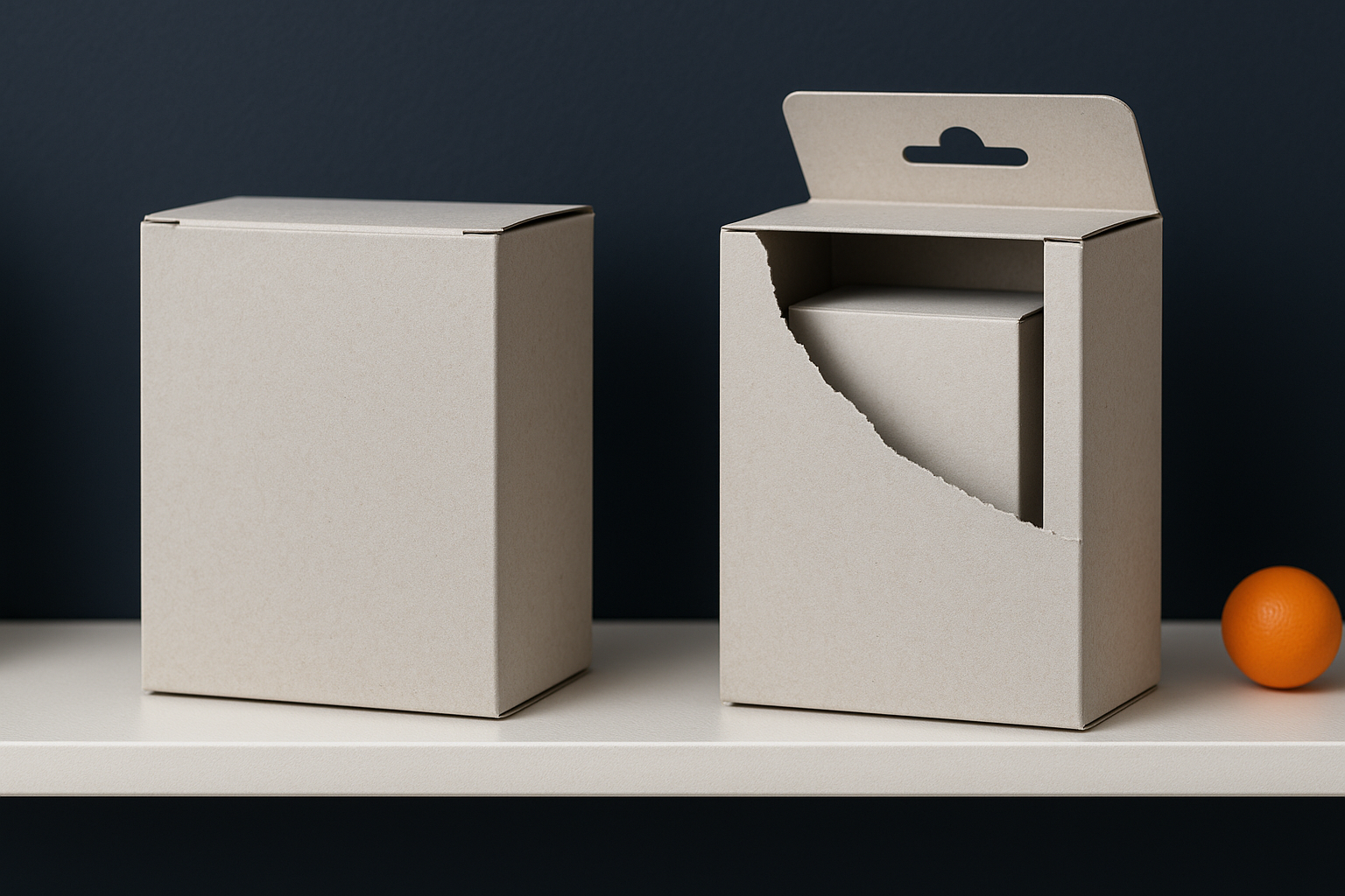 Vergelijking tussen een standaard gesloten kartonnen retailverpakking en een shelf ready verpakking met opengescheurd voorpaneel.