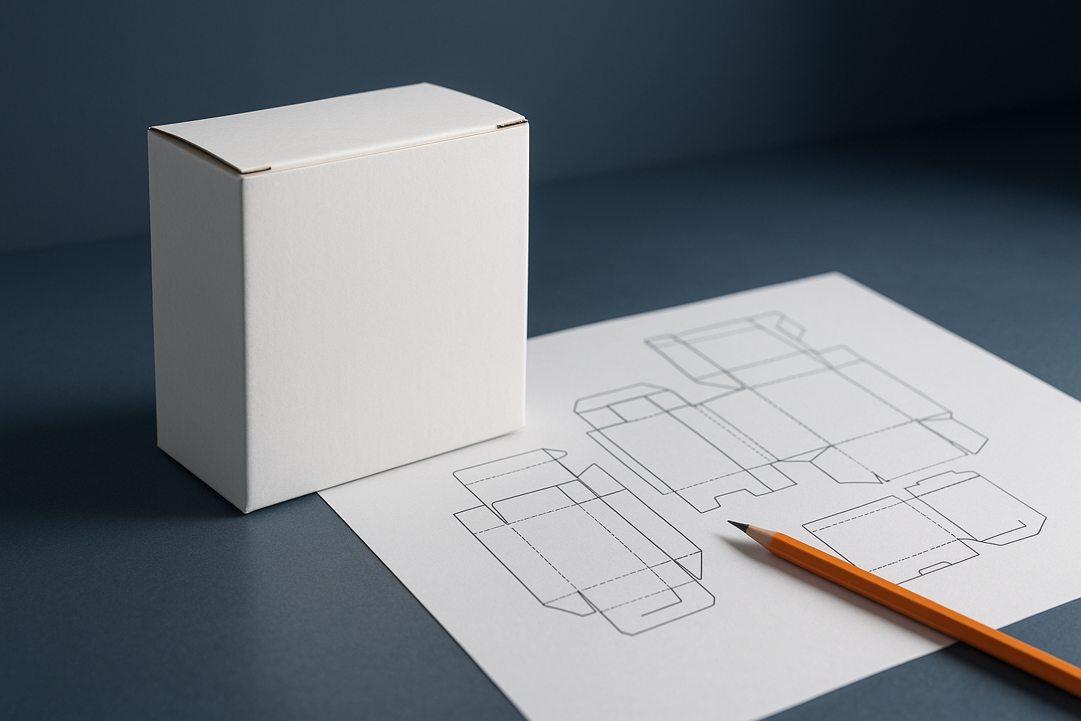 Technisch wit sample van een verpakkingsconstructie naast een technische tekening op een werktafel
