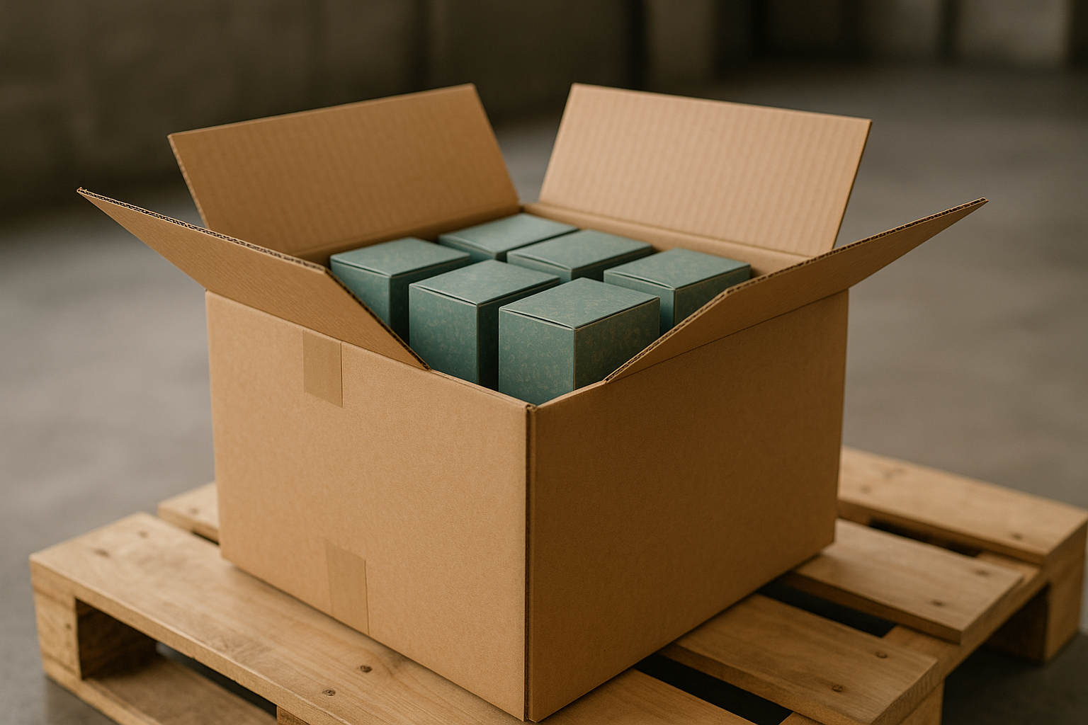 Open golfkartonnen transportdoos op een pallet met daarin meerdere afgewerkte retailverpakkingen van vouwkarton, klaar voor verzending naar de retailer
