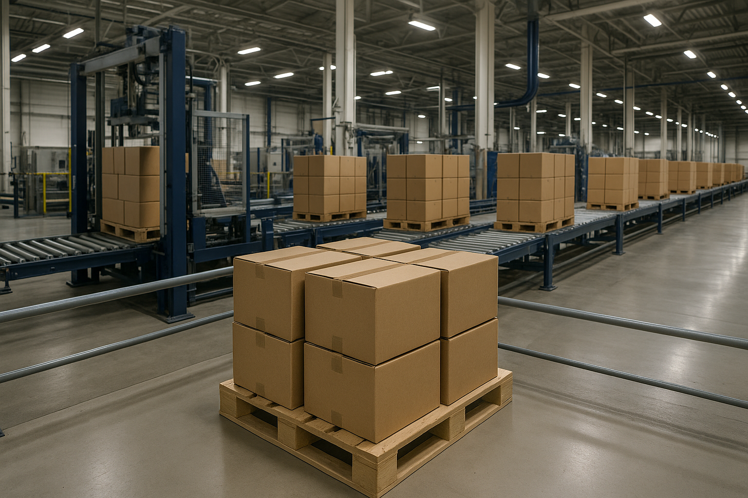 Aparte buffervoorraad golfkartonnen dozen op pallets naast de productielijn in het magazijn
