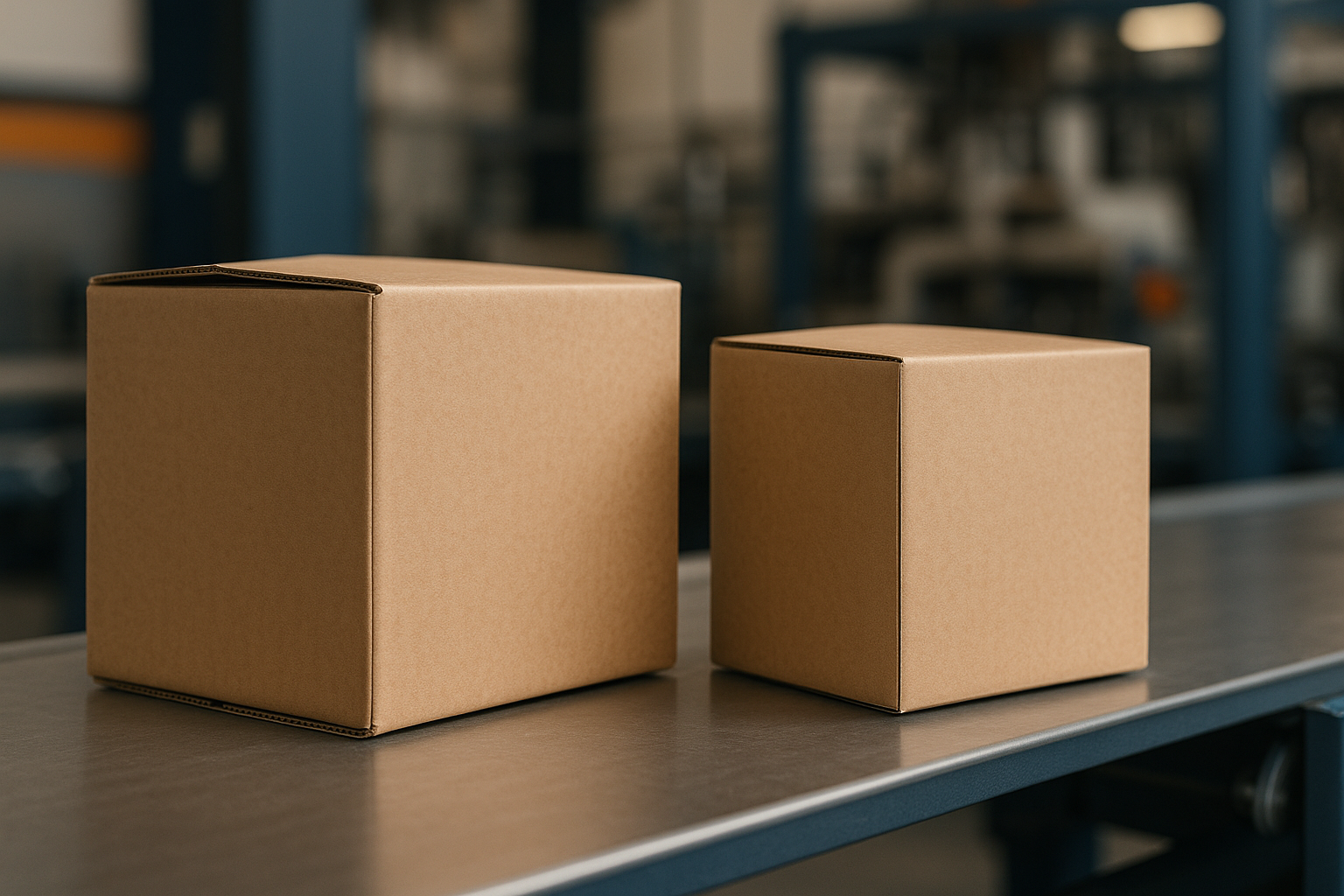 Twee kartonnen dozen van verschillend formaat naast elkaar op een productielijn