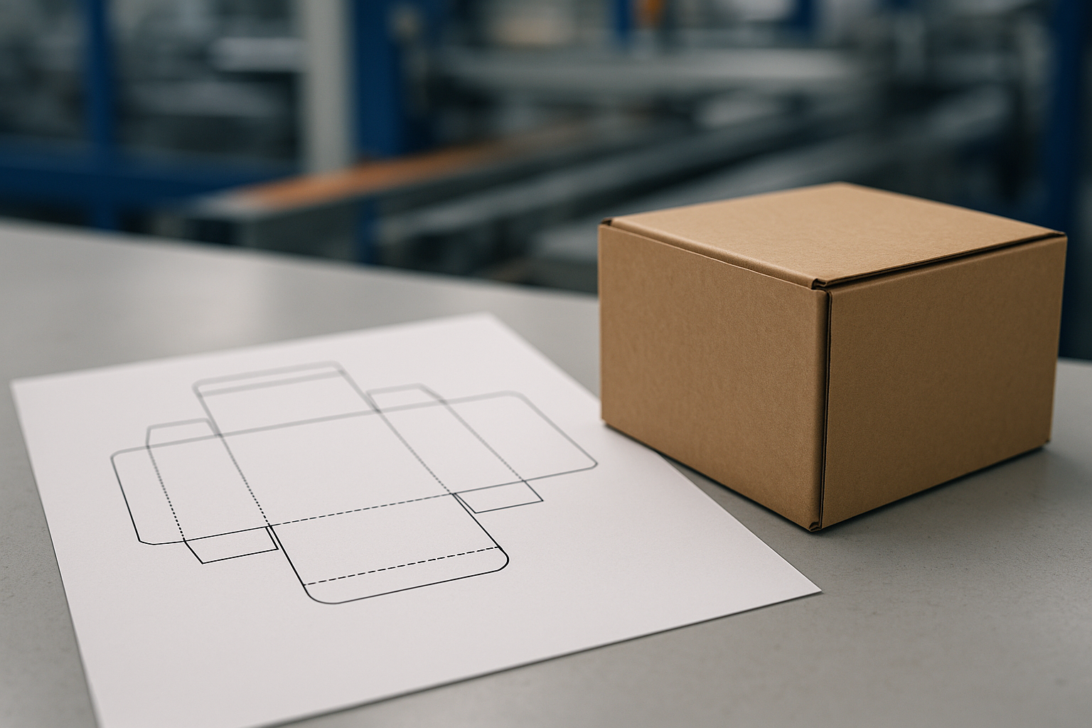 Technische tekening van een doosontwerp naast een gevouwen kartonnen doos op een productielijn