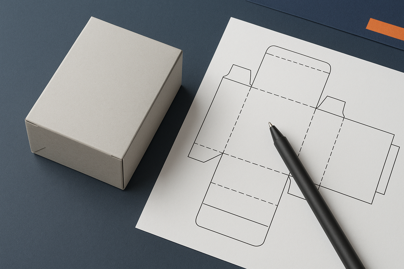 Een verpakkingsontwerp naast een technische tekening met fold- en snijlijnen, met een pen die een knelpunt aanwijst