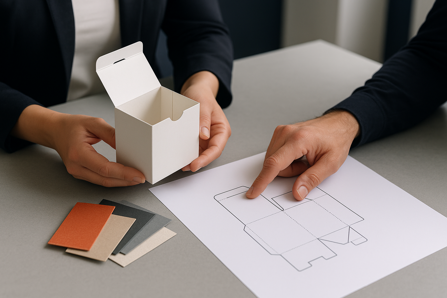 Twee mensen bespreken een technische tekening en materiaalstalen van een verpakking