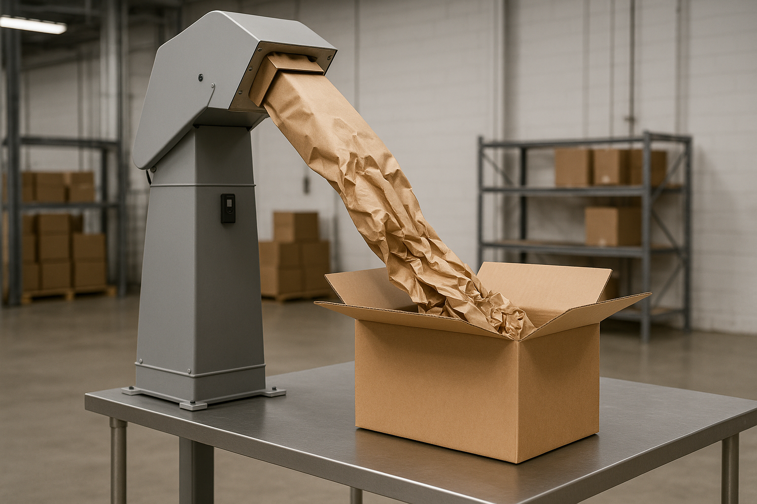 Papieren opvulmateriaal-doseersysteem dat gevouwen kraftpapier in een open golfkartonnen doos op een paktafel in een productieomgeving laat vallen