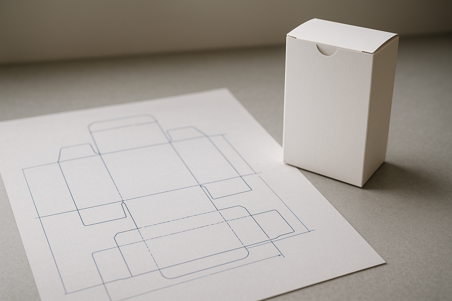 Technische tekening van een verpakkingsontwerp naast een afgewerkte gedrukte retaildoos op een bureau